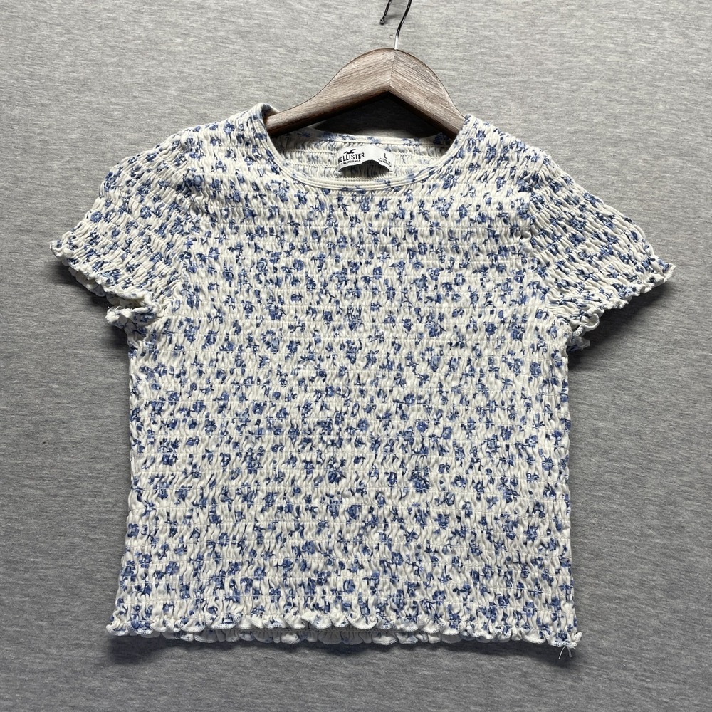 Hollister California Smocked Crop Top Womens Large White Blue Floral Cap Sleeve